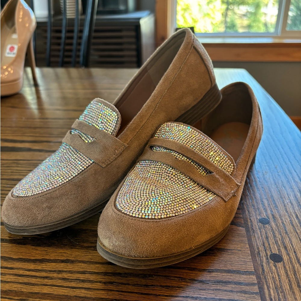 Tan Suede & Rhinestone Loafers Women’s Size 9